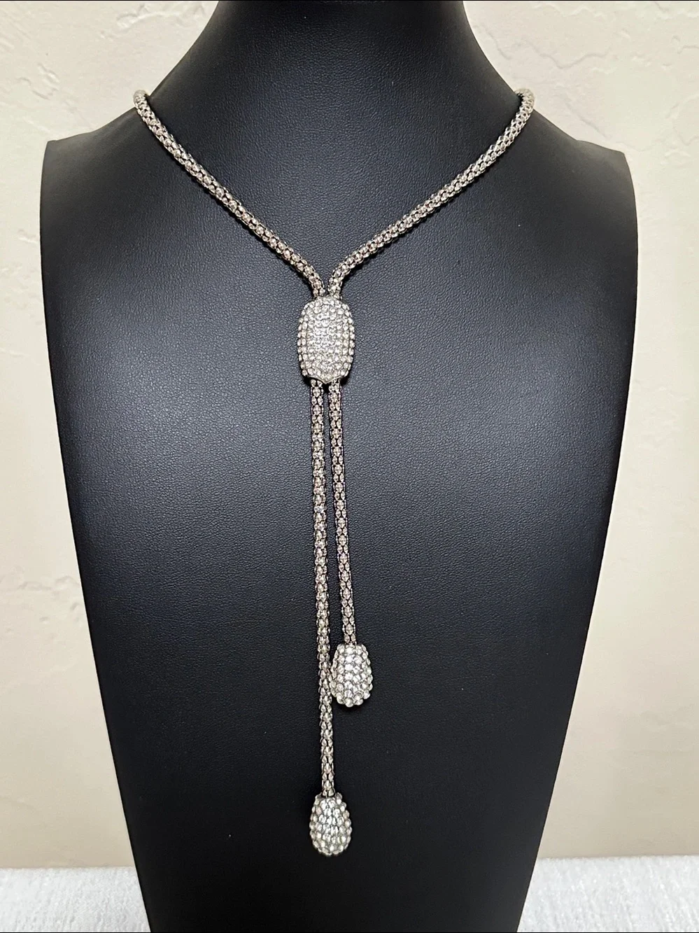 Chico’s Pave’ Crystal Pendant & Drops Silver Tone Y Lariat Necklace